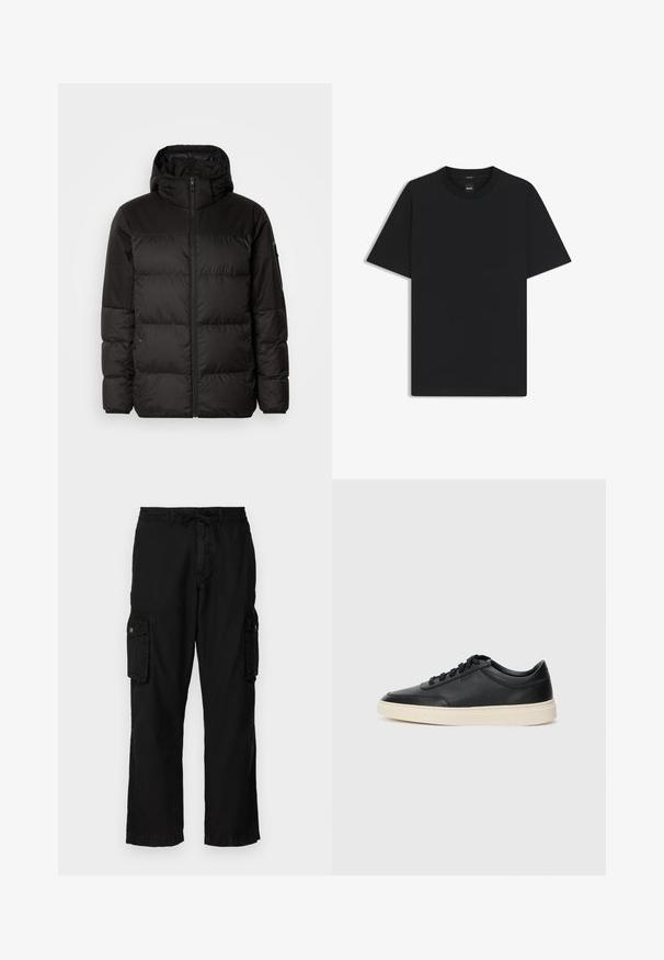 Zwarte pufferjas met ritsluiting, een capuchon, gequiltte secties en elastische manchetten, gemaakt van een glad, waterafstotend materiaal.; Zwarte korte mouwen T-shirt van een gladde katoenmix, met een ronde halslijn en een minimalistisch ontwerp zonder patronen of accenten.; Zwarte cargobroek met een relaxte pasvorm, voorzien van zijzakken, een elastische tailleband met trekkoord en een soepele stoftextuur.; Zwarte leren sneaker met lage schacht, zwarte veters en off-white zool, weergegeven in zijprofiel op een witte achtergrond.