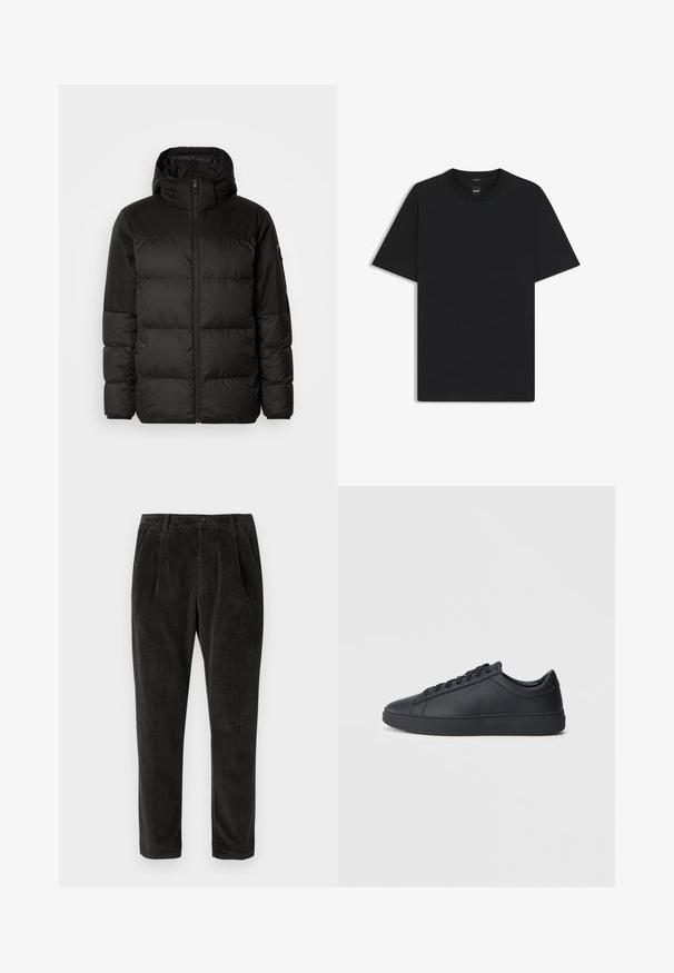 Musta puhvijakku sisältää vetoketjun, hupun, tilkuista koostuvia osioita ja joustavat hihansuut. Se on valmistettu sileästä, vedenpitävästä materiaalista.; Musta lyhythiha T-paita, joka on valmistettu sileästä puuvillasekoitteesta. Paita on varustettu pyöreällä pääntiehen ja siinä on minimaalinen muotoilu ilman kuvioita tai yksityiskohtia.; Tummanharmaat corduroy-housut, joissa on pystyribbitys, nappikiinnitys ja sivutaskut, sekä kapeneva malli. Pehmeä rakenne.; Mustat lenkkarit, jotka on valmistettu sileästä nahasta, matalalla varrella, pyöreällä varvalla ja tasaisella kumipohjalla. Varusteena nauhat ja huomaamaton brändäys.