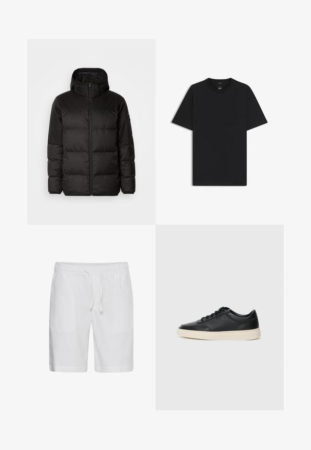 Sort pufferjakke med lynlås, hætte, quiltede sektioner og elastiske manchetter, lavet af et glat, vandafvisende materiale.; Sort kortærmet T-shirt lavet af en glat bomuldsblanding, med en rund halsudskæring og et minimalistisk design uden mønstre eller accenter.; Casual Friday CFPHELIX LINEN MIX - Shorts - bright white; Sort lavt top lædersneaker med sorte snørebånd og off-white sål vist i sideprofil på hvid baggrund.