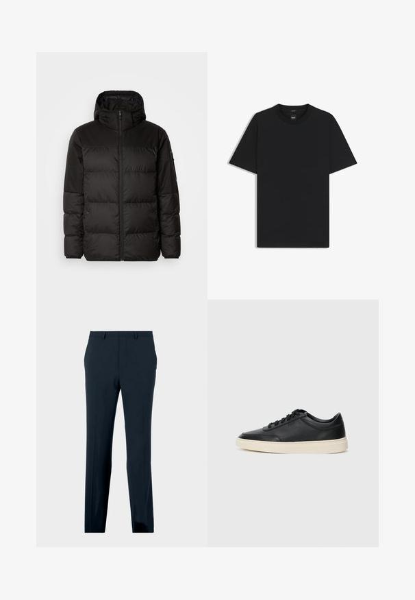 Schwarze Pufferjacke mit Reißverschluss, Kapuze, gesteppten Abschnitten und elastischen Bündchen, hergestellt aus einem glatten, wasserabweisenden Material.; Schwarz T-Shirt mit kurzen Ärmeln aus einem glatten Baumwollmix, mit Rundhalsausschnitt und einem minimalistischen Design ohne Muster oder Akzente.; Marineblaue formelle Hose mit Gürtelschlaufen, Fronttaschen und geradem Bein, auf einem schlichten Hintergrund präsentiert.; Schwarzer niedriger Ledersneaker mit schwarzen Schnürsenkeln und cremefarbenem Sohlenrand, seitlich auf weißem Hintergrund dargestellt.