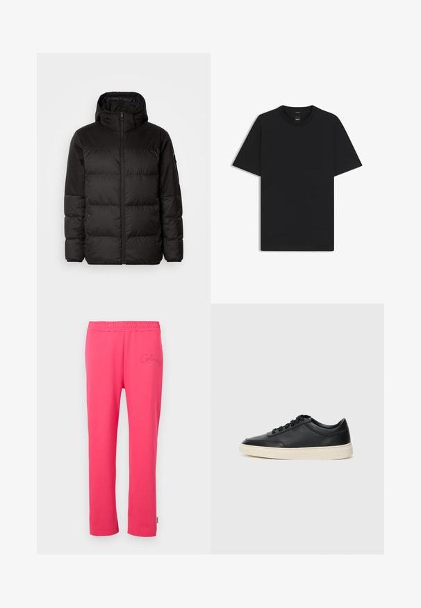 Czarna kurtka puchowa z zapięciem na zamek, kapturem, pikowanymi sekcjami i elastycznymi mankietami, wykonana z gładkiego, wodoodpornego materiału.; Czarny t-shirt krótki rękaw wykonany z gładkiej mieszanki bawełny, z okrągłym dekoltem i minimalistycznym designem bez wzorów czy akcentów.; Różowe bawełniane spodnie dresowe z elastycznym pasem i haftowanym logo z przodu. Posiadają prosty krój nogawek.; Czarne niskie skórzane sneakersy z czarnymi sznurówkami i off-white podeszwą, prezentowane w profilu bocznym na białym tle.