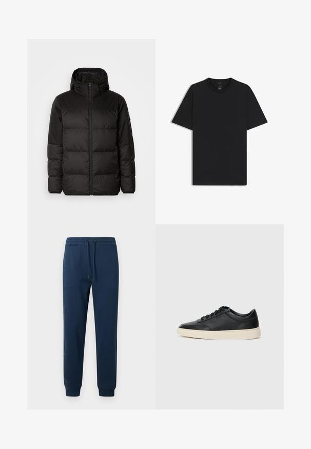 Musta puhvijakku sisältää vetoketjun, hupun, tilkuista koostuvia osioita ja joustavat hihansuut. Se on valmistettu sileästä, vedenpitävästä materiaalista.; Musta lyhythiha T-paita, joka on valmistettu sileästä puuvillasekoitteesta. Paita on varustettu pyöreällä pääntiehen ja siinä on minimaalinen muotoilu ilman kuvioita tai yksityiskohtia.; Laivastonsiniset collegehousut, joissa on joustava vyötärönauha, kiristysnyöri, sivutaskut ja resorit lahkeensuissa.; Musta matalavartinen nahkastretchu, jossa on mustat nauhat ja vaaleanharmaa pohja, esitetty sivuprofiilissa valkoista taustaa vasten.