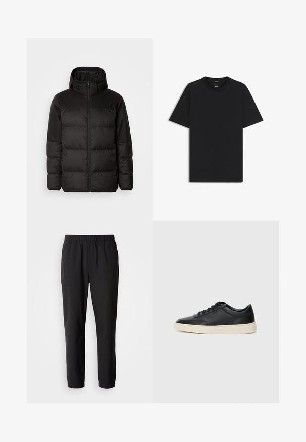 Black puffer jacket features a zip closure, a hood, quilted sections, and elastic cuffs, made from a smooth, water-resistant material.; Black short-sleeve T-shirt made from a smooth cotton blend, featuring a crew neckline and a minimalistic design with no patterns or accents.; Black, lightweight pants with an elastic waistband, straight-leg design, and no visible patterns. Smooth texture, suitable for casual wear.; Black low-top leather sneaker with black laces and off-white sole shown in side profile on white background.