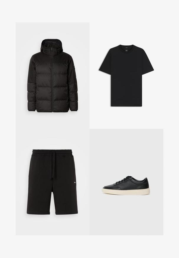 Schwarze Pufferjacke mit Reißverschluss, Kapuze, gesteppten Abschnitten und elastischen Bündchen, hergestellt aus einem glatten, wasserabweisenden Material.; Schwarz T-Shirt mit kurzen Ärmeln aus einem glatten Baumwollmix, mit Rundhalsausschnitt und einem minimalistischen Design ohne Muster oder Akzente.; Schwarze Baumwollshorts mit elastischem Bund und Kordelzug. Verfügt über seitliche Taschen und ein kleines Logo auf der Vorderseite. Glatte Textur.; Schwarzer niedriger Ledersneaker mit schwarzen Schnürsenkeln und cremefarbenem Sohlenrand, seitlich auf weißem Hintergrund dargestellt.