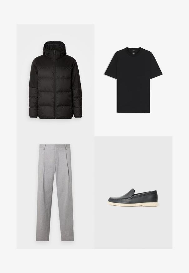 Black puffer jacket features a zip closure, a hood, quilted sections, and elastic cuffs, made from a smooth, water-resistant material.; Black short-sleeve T-shirt made from a smooth cotton blend, featuring a crew neckline and a minimalistic design with no patterns or accents.; Gray tailored trousers with a textured fabric, featuring pleats, a straight-leg cut, and a classic waistband design.; Black leather slip-on loafers with a textured finish and a contrasting beige rubber sole. Features a subtle accent along the front.