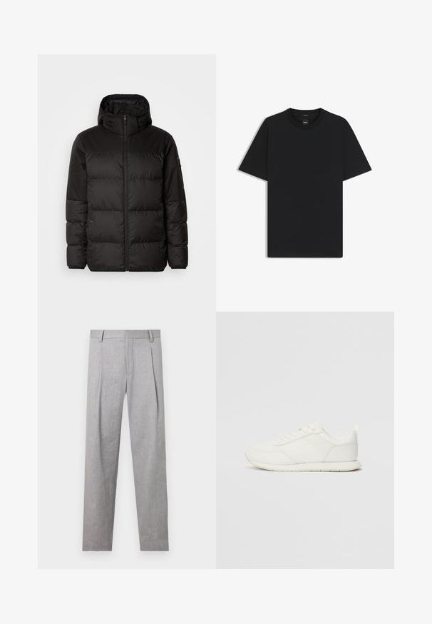La chaqueta acolchada negra tiene un cierre de cremallera, capucha, secciones acolchadas y puños elásticos, hecha de un material suave y resistente al agua.; Camiseta negra de manga corta fabricada con una suave mezcla de algodón, que presenta un cuello redondo y un diseño minimalista sin patrones ni acentos.; Pantalones grises ajustados con una tela texturizada, que presentan pliegues, un corte recto y un diseño clásico de cinturilla.; Zapatilla blanca con parte superior de malla y sintético, puntera redonda, cordones planos y una franja lateral texturizada. Suela de goma con un tirador en la parte posterior.