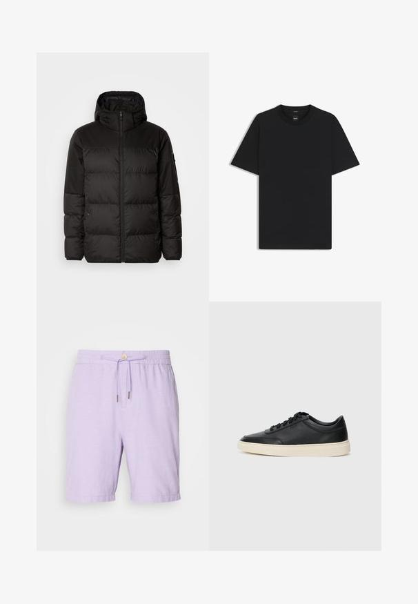 Schwarze Pufferjacke mit Reißverschluss, Kapuze, gesteppten Abschnitten und elastischen Bündchen, hergestellt aus einem glatten, wasserabweisenden Material.; Schwarz T-Shirt mit kurzen Ärmeln aus einem glatten Baumwollmix, mit Rundhalsausschnitt und einem minimalistischen Design ohne Muster oder Akzente.; Lila Leinen-Shorts mit elastischem Bund, Kordelzug und zwei Seiten Taschen. Bietet eine lockere Passform und gesäumte Bündchen.; Schwarzer niedriger Ledersneaker mit schwarzen Schnürsenkeln und cremefarbenem Sohlenrand, seitlich auf weißem Hintergrund dargestellt.
