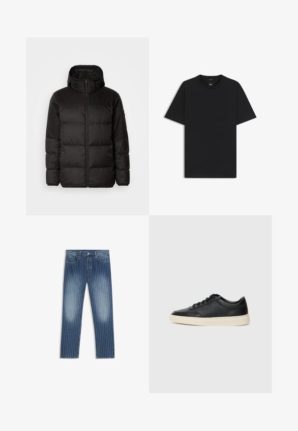 Zwarte pufferjas met ritsluiting, een capuchon, gequiltte secties en elastische manchetten, gemaakt van een glad, waterafstotend materiaal.; Zwarte korte mouwen T-shirt van een gladde katoenmix, met een ronde halslijn en een minimalistisch ontwerp zonder patronen of accenten.; Denim jeans met een streepjespatroon, middelblauwe kleur, vervaagde delen, rechte pijpen, vijf zakken en een metalen knoopsluiting.; Zwarte leren sneaker met lage schacht, zwarte veters en off-white zool, weergegeven in zijprofiel op een witte achtergrond.