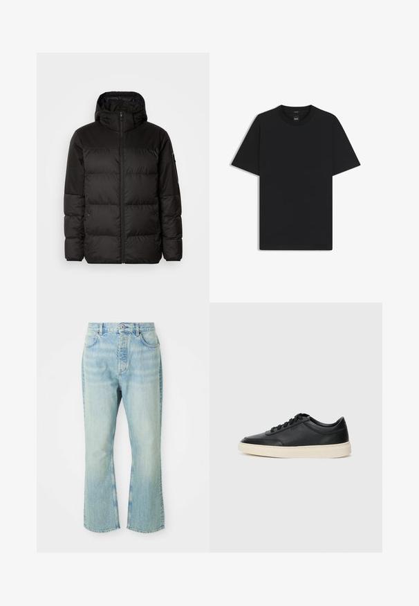 Czarna kurtka puchowa z zapięciem na zamek, kapturem, pikowanymi sekcjami i elastycznymi mankietami, wykonana z gładkiego, wodoodpornego materiału.; Czarny t-shirt krótki rękaw wykonany z gładkiej mieszanki bawełny, z okrągłym dekoltem i minimalistycznym designem bez wzorów czy akcentów.; Jasnoniebieskie dżinsy w fasonie dzwonów z wysokim stanem, z pięcioma kieszeniami, szlufkami na pasek i wyblakłym wyglądem.; Czarne niskie skórzane sneakersy z czarnymi sznurówkami i off-white podeszwą, prezentowane w profilu bocznym na białym tle.