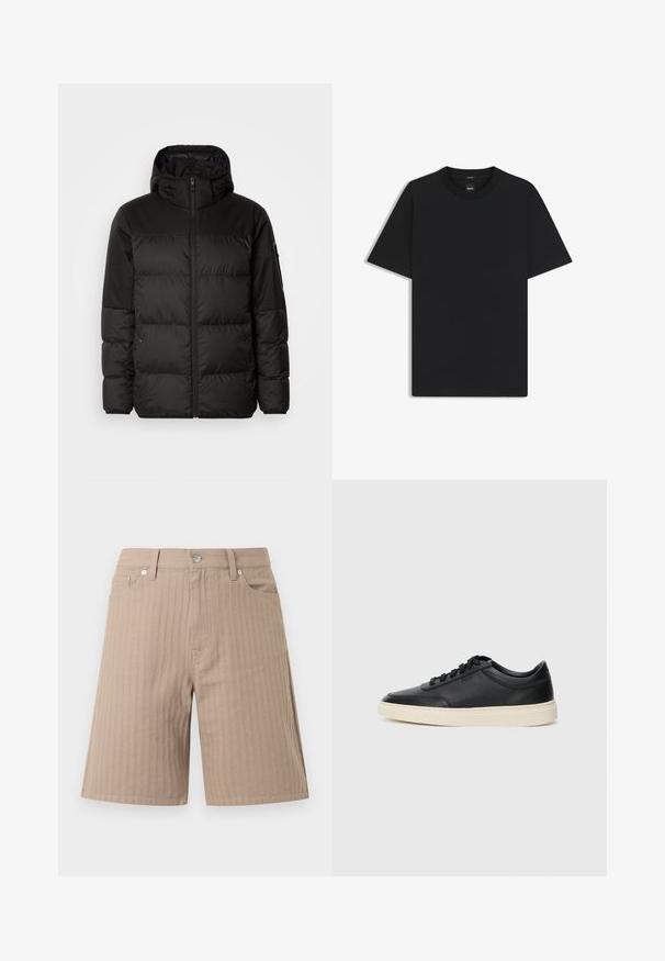 Zwarte pufferjas met ritsluiting, een capuchon, gequiltte secties en elastische manchetten, gemaakt van een glad, waterafstotend materiaal.; Zwarte korte mouwen T-shirt van een gladde katoenmix, met een ronde halslijn en een minimalistisch ontwerp zonder patronen of accenten.; Beige short gemaakt van gestructureerde stof met verticale strepen, een tailleband met een knoop aan de voorkant en zijzakken.; Zwarte leren sneaker met lage schacht, zwarte veters en off-white zool, weergegeven in zijprofiel op een witte achtergrond.