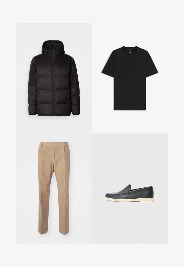 Black puffer jacket features a zip closure, a hood, quilted sections, and elastic cuffs, made from a smooth, water-resistant material.; Black short-sleeve T-shirt made from a smooth cotton blend, featuring a crew neckline and a minimalistic design with no patterns or accents.; Beige corduroy trousers with straight-leg design, featuring front crease lines, belt loops, and side pockets. Smooth, soft texture.; Black leather slip-on loafers with a textured finish and a contrasting beige rubber sole. Features a subtle accent along the front.