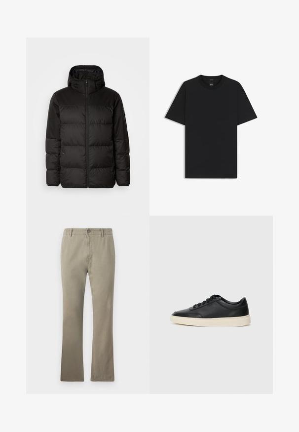 Black puffer jacket features a zip closure, a hood, quilted sections, and elastic cuffs, made from a smooth, water-resistant material.; Black short-sleeve T-shirt made from a smooth cotton blend, featuring a crew neckline and a minimalistic design with no patterns or accents.; Beige cotton pants with a straight cut, featuring a button closure, belt loops, and a slightly textured surface, suitable for casual wear.; Black low-top leather sneaker with black laces and off-white sole shown in side profile on white background.