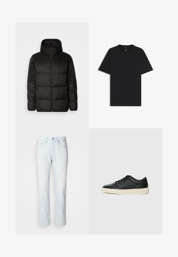 Czarna kurtka puchowa z zapięciem na zamek, kapturem, pikowanymi sekcjami i elastycznymi mankietami, wykonana z gładkiego, wodoodpornego materiału.; Czarny t-shirt krótki rękaw wykonany z gładkiej mieszanki bawełny, z okrągłym dekoltem i minimalistycznym designem bez wzorów czy akcentów.; Jasnoniebieskie dżinsy o prostym kroju. Posiadają zapięcie na guzik oraz szlufki na pasek, prezentując wyblakłą fakturę i minimalne przeszycia.; Czarne niskie skórzane sneakersy z czarnymi sznurówkami i off-white podeszwą, prezentowane w profilu bocznym na białym tle.