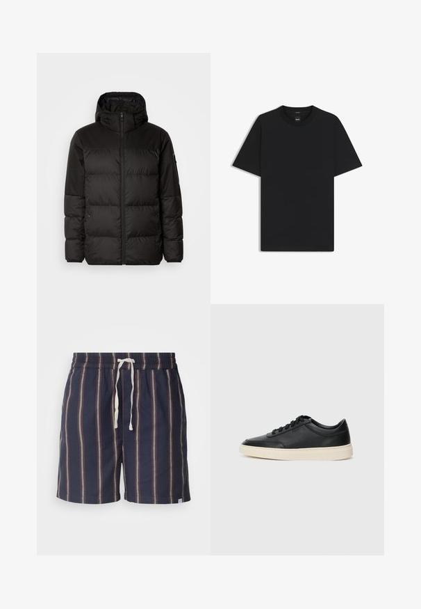 Zwarte pufferjas met ritsluiting, een capuchon, gequiltte secties en elastische manchetten, gemaakt van een glad, waterafstotend materiaal.; Zwarte korte mouwen T-shirt van een gladde katoenmix, met een ronde halslijn en een minimalistisch ontwerp zonder patronen of accenten.; Les Deux LAWSON STRIPE - Shorts - dark navy/light camel; Zwarte leren sneaker met lage schacht, zwarte veters en off-white zool, weergegeven in zijprofiel op een witte achtergrond.