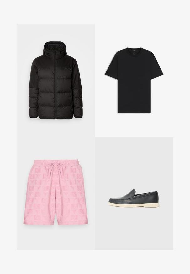 Schwarze Pufferjacke mit Reißverschluss, Kapuze, gesteppten Abschnitten und elastischen Bündchen, hergestellt aus einem glatten, wasserabweisenden Material.; Schwarz T-Shirt mit kurzen Ärmeln aus einem glatten Baumwollmix, mit Rundhalsausschnitt und einem minimalistischen Design ohne Muster oder Akzente.; Rosa Shorts mit einem elastischen Bund und Kordelzug; das Material weist ein strukturiertes Muster aus Logos und Symbolen auf.; Schwarze Leder-Slipper mit strukturiertem Finish und einer kontrastierenden beige Gummisohle. Mit einem dezenten Akzent an der Vorderseite.