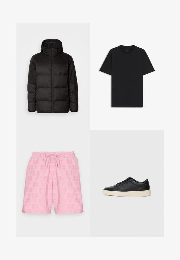 La doudoune noire est dotée d'une fermeture éclair, d'une capuche, de sections matelassées et de poignets élastiques, fabriquée à partir d'un matériau lisse et résistant à l'eau.; T-shirt noir à manches courtes en coton mélangé doux, avec un col rond et un design minimaliste sans motifs ni accents.; Shorts roses avec une taille élastique et un cordon de serrage ; présentent un motif texturé de logos et de symboles sur le tissu.; Baskets en cuir noires à tiges basses avec lacets noirs et semelle ivoire, présentées en profil latéral sur fond blanc.