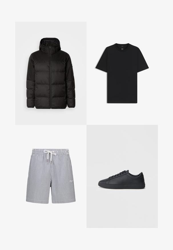 Black puffer jacket features a zip closure, a hood, quilted sections, and elastic cuffs, made from a smooth, water-resistant material.; Black short-sleeve T-shirt made from a smooth cotton blend, featuring a crew neckline and a minimalistic design with no patterns or accents.; Striped swim shorts in navy and white. Made of lightweight fabric, featuring an elastic waistband, drawstring closure, and side pockets.; Black sneakers made of smooth leather with a low-top design, round toe, and flat rubber sole. Features laces and subtle branding.