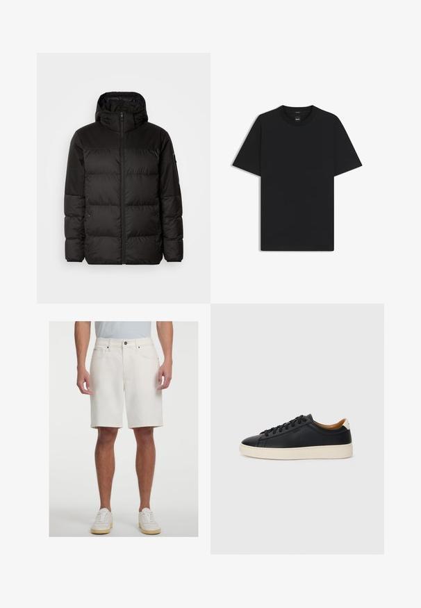 Zwarte pufferjas met ritsluiting, een capuchon, gequiltte secties en elastische manchetten, gemaakt van een glad, waterafstotend materiaal.; Zwarte korte mouwen T-shirt van een gladde katoenmix, met een ronde halslijn en een minimalistisch ontwerp zonder patronen of accenten.; Witte denim shorts met een rechte pasvorm, vijf zakken en een knoopsluiting aan de voorkant. Gladde textuur en knielange snit.; Zwarte leren sneakers met een gladde textuur, beige rubberen zool, vetersluiting en een contrasterende hielaccent.