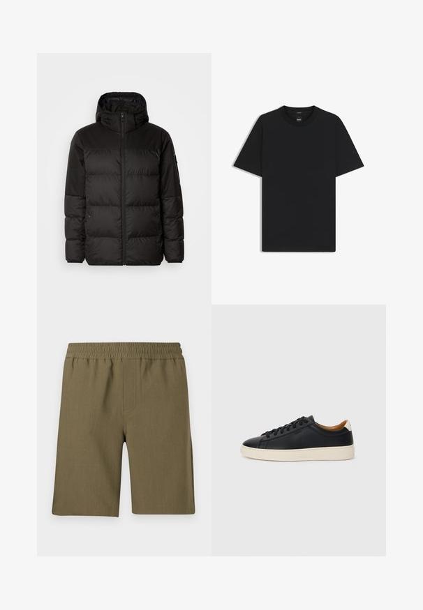 Zwarte pufferjas met ritsluiting, een capuchon, gequiltte secties en elastische manchetten, gemaakt van een glad, waterafstotend materiaal.; Zwarte korte mouwen T-shirt van een gladde katoenmix, met een ronde halslijn en een minimalistisch ontwerp zonder patronen of accenten.; Samsøe Samsøe SMITH - Shorts - four leaf clover; Zwarte leren sneakers met een gladde textuur, beige rubberen zool, vetersluiting en een contrasterende hielaccent.