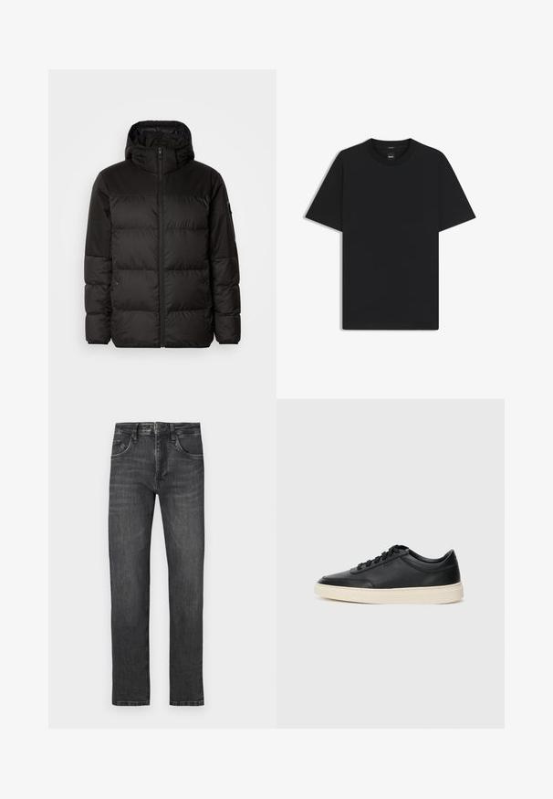 Svart puffjacka med blixtlås, huva, quiltade sektioner och elastiska mudd, tillverkad av ett slätt, vattentåligt material.; Svart kortärmad T-shirt i en mjuk bomullsblandning, med rundad halsringning och en minimalistisk design utan mönster eller detaljer.; Mörkgrå raka jeans i denim, med fem fickor, bälteöglor och subtila blekningar. Sytt detaljer synliga.; Svart låg skor i läder med svarta snören och off-white sula, visas i sidoprofil på vit bakgrund.