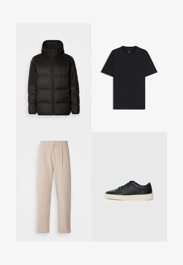 Schwarze Pufferjacke mit Reißverschluss, Kapuze, gesteppten Abschnitten und elastischen Bündchen, hergestellt aus einem glatten, wasserabweisenden Material.; Schwarz T-Shirt mit kurzen Ärmeln aus einem glatten Baumwollmix, mit Rundhalsausschnitt und einem minimalistischen Design ohne Muster oder Akzente.; Beige, plissierte Hose aus weichem Stoff. Sie hat einen elastischen Bund, gerade Beine und eine glatte Struktur. Keine Taschen oder Akzente.; Schwarzer niedriger Ledersneaker mit schwarzen Schnürsenkeln und cremefarbenem Sohlenrand, seitlich auf weißem Hintergrund dargestellt.