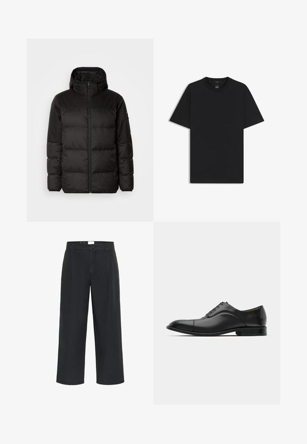 Czarna kurtka puchowa z zapięciem na zamek, kapturem, pikowanymi sekcjami i elastycznymi mankietami, wykonana z gładkiego, wodoodpornego materiału.; Czarny t-shirt krótki rękaw wykonany z gładkiej mieszanki bawełny, z okrągłym dekoltem i minimalistycznym designem bez wzorów czy akcentów.; Matinique - Spodnie materiałowe; Czarne skórzane buty wizytowe z gładką fakturą, okrągłym noskiem i pięcioma dziurkami. Charakteryzują się niskim, warstwowym obcasem oraz subtelnymi detalami szwów.