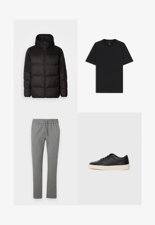 Il giubbotto puffo nero presenta una chiusura con zip, un cappuccio, sezioni trapuntate e polsini elastici, realizzato in un materiale liscio e resistente all'acqua.; Maglietta nera a maniche corte realizzata in un morbido misto cotone, con scollatura a girocollo e un design minimalista senza motivi o dettagli.; Pantaloni grigi a sigaretta realizzati in tessuto testurizzato. Presentano una vita elasticizzata con cordino, nessuna tasca e una finitura liscia.; Sneaker in pelle nera a basso profilo con lacci neri e suola avorio, mostrato di profilo su sfondo bianco.