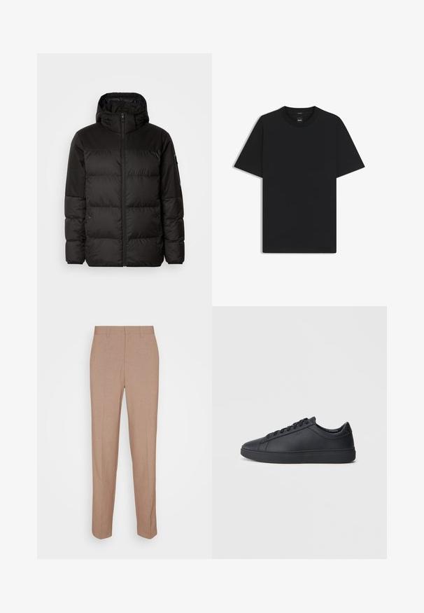 Zwarte pufferjas met ritsluiting, een capuchon, gequiltte secties en elastische manchetten, gemaakt van een glad, waterafstotend materiaal.; Zwarte korte mouwen T-shirt van een gladde katoenmix, met een ronde halslijn en een minimalistisch ontwerp zonder patronen of accenten.; Beige, op maat gemaakte broek van een gladde, gestructureerde stof. Rechte pasvorm met een tailleband en zonder zichtbare versieringen of zakken.; Zwarte sneakers van glad leer met een lage schacht, ronde neus en platte rubberen zool. Voorzien van veters en subtiele branding.