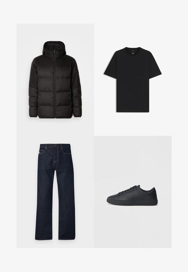 Black puffer jacket features a zip closure, a hood, quilted sections, and elastic cuffs, made from a smooth, water-resistant material.; Black short-sleeve T-shirt made from a smooth cotton blend, featuring a crew neckline and a minimalistic design with no patterns or accents.; Dark blue denim jeans with straight legs, contrasting yellow stitching, a classic five-pocket design, and a button closure at the waist.; Black sneakers made of smooth leather with a low-top design, round toe, and flat rubber sole. Features laces and subtle branding.