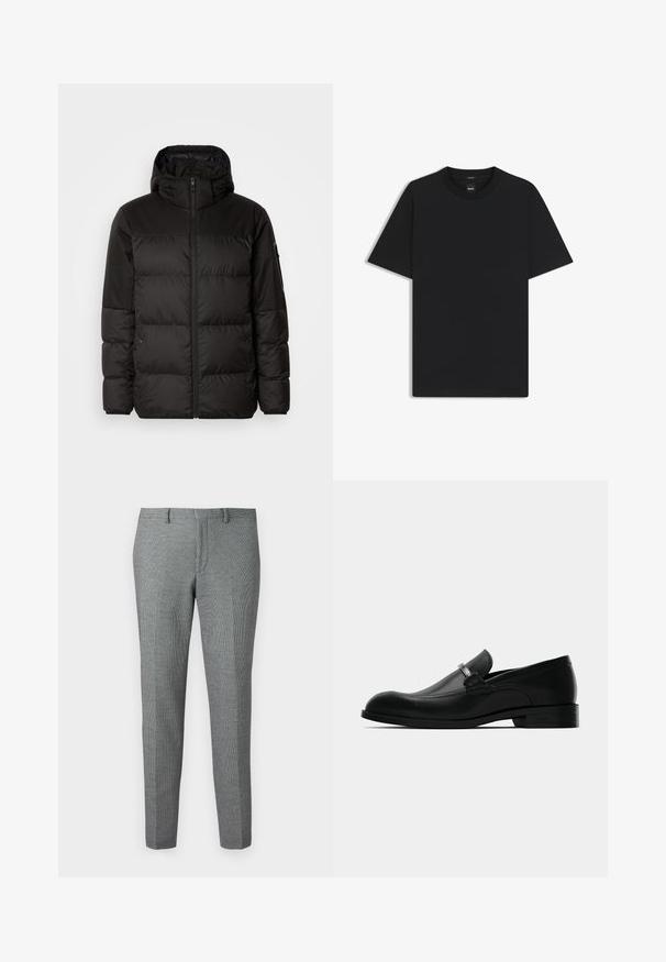 Black puffer jacket features a zip closure, a hood, quilted sections, and elastic cuffs, made from a smooth, water-resistant material.; Black short-sleeve T-shirt made from a smooth cotton blend, featuring a crew neckline and a minimalistic design with no patterns or accents.; Gray, tailored trousers with a subtle houndstooth pattern, tapered legs, belt loops, and a flat front design.; Black leather men's loafer with a metal buckle detail, low heel, and branded sole, shown from the side on a white background.