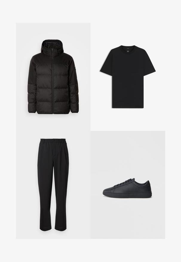 Svart puffjacka med blixtlås, huva, quiltade sektioner och elastiska mudd, tillverkad av ett slätt, vattentåligt material.; Svart kortärmad T-shirt i en mjuk bomullsblandning, med rundad halsringning och en minimalistisk design utan mönster eller detaljer.; Svarta byxor med elastisk midja, knappstängning och rak benform. Slätt tyg, inga synliga mönster eller detaljer.; Svarta sneakers i slätt läder med låg design, rund tå och platt gummisula. Har snörning och subtil branding.