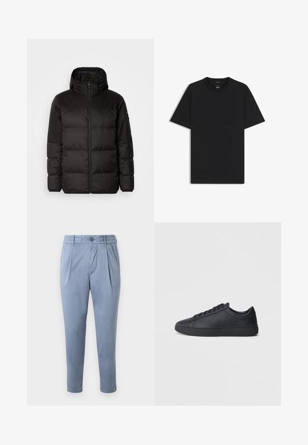 Svart puffjacka med blixtlås, huva, quiltade sektioner och elastiska mudd, tillverkad av ett slätt, vattentåligt material.; Svart kortärmad T-shirt i en mjuk bomullsblandning, med rundad halsringning och en minimalistisk design utan mönster eller detaljer.; Ljusblå, smalare byxor i slätt tyg med rak framdel, veck och knappstängning. Har sidofickor och uppvikta fållar.; Svarta sneakers i slätt läder med låg design, rund tå och platt gummisula. Har snörning och subtil branding.