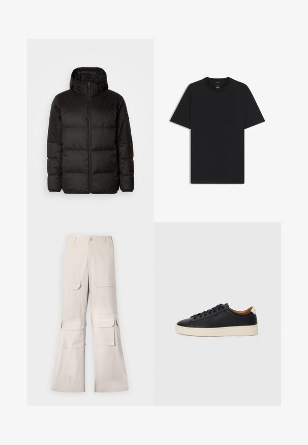Czarna kurtka puchowa z zapięciem na zamek, kapturem, pikowanymi sekcjami i elastycznymi mankietami, wykonana z gładkiego, wodoodpornego materiału.; Czarny t-shirt krótki rękaw wykonany z gładkiej mieszanki bawełny, z okrągłym dekoltem i minimalistycznym designem bez wzorów czy akcentów.; Beżowe spodnie typu cargo w luźnym kroju, z wieloma kieszeniami na klapie po bokach i zapięciem na guzik. Wykonane z lekkiego materiału.; Czarne skórzane trampki o gładkiej fakturze, jasnobrązowa gumowa podeszwa, sznurowana konstrukcja i kontrastujący akcent na pięcie.