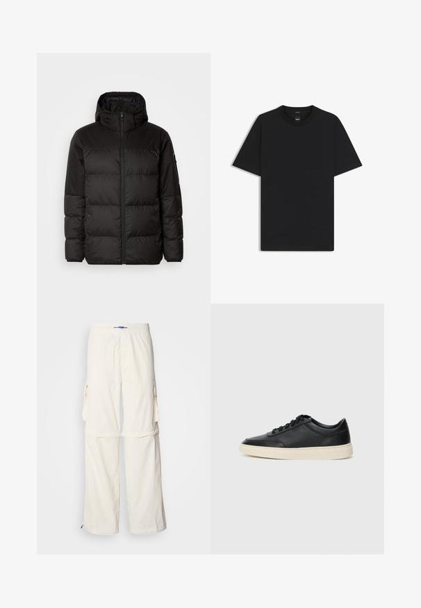 Zwarte pufferjas met ritsluiting, een capuchon, gequiltte secties en elastische manchetten, gemaakt van een glad, waterafstotend materiaal.; Zwarte korte mouwen T-shirt van een gladde katoenmix, met een ronde halslijn en een minimalistisch ontwerp zonder patronen of accenten.; Witte cargobroek met een elastische tailleband en een blauwe trekkoord, voorzien van zijzakken en een relaxte pasvorm, gemaakt van lichtgewicht stof.; Zwarte leren sneaker met lage schacht, zwarte veters en off-white zool, weergegeven in zijprofiel op een witte achtergrond.
