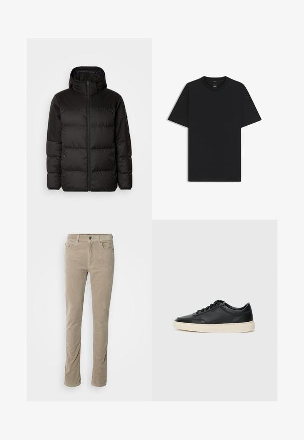 Schwarze Pufferjacke mit Reißverschluss, Kapuze, gesteppten Abschnitten und elastischen Bündchen, hergestellt aus einem glatten, wasserabweisenden Material.; Schwarz T-Shirt mit kurzen Ärmeln aus einem glatten Baumwollmix, mit Rundhalsausschnitt und einem minimalistischen Design ohne Muster oder Akzente.; GANT SLIM - Stoffhose - warm grey; Schwarzer niedriger Ledersneaker mit schwarzen Schnürsenkeln und cremefarbenem Sohlenrand, seitlich auf weißem Hintergrund dargestellt.