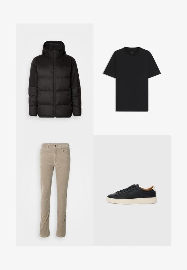 La doudoune noire est dotée d'une fermeture éclair, d'une capuche, de sections matelassées et de poignets élastiques, fabriquée à partir d'un matériau lisse et résistant à l'eau.; T-shirt noir à manches courtes en coton mélangé doux, avec un col rond et un design minimaliste sans motifs ni accents.; GANT SLIM - Pantalon classique - warm grey; Baskets en cuir noir avec une texture lisse, semelle en caoutchouc beige, design à lacets et accent de talon contrasté.