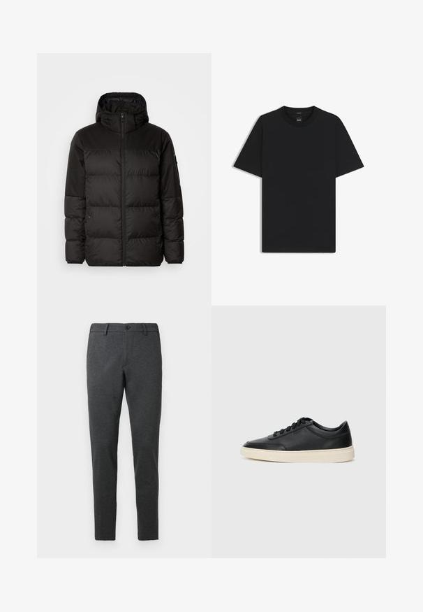 Schwarze Pufferjacke mit Reißverschluss, Kapuze, gesteppten Abschnitten und elastischen Bündchen, hergestellt aus einem glatten, wasserabweisenden Material.; Schwarz T-Shirt mit kurzen Ärmeln aus einem glatten Baumwollmix, mit Rundhalsausschnitt und einem minimalistischen Design ohne Muster oder Akzente.; Dunkelgraue Hose aus einem strukturierten Stoff. Figurbetontes Design mit geradem Bein, ausgestattet mit einem einzelnen Knopfverschluss und Gürtelschlaufen.; Schwarzer niedriger Ledersneaker mit schwarzen Schnürsenkeln und cremefarbenem Sohlenrand, seitlich auf weißem Hintergrund dargestellt.