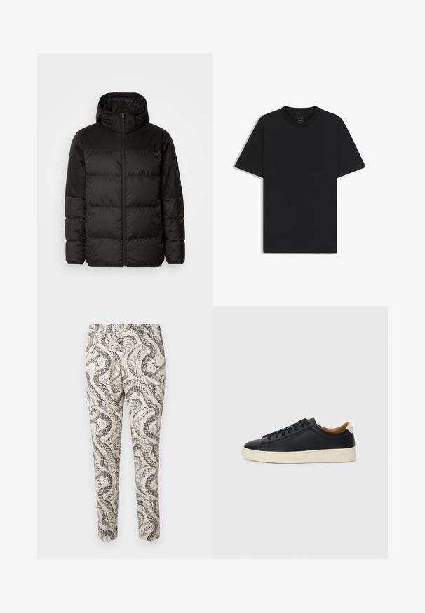 Zwarte pufferjas met ritsluiting, een capuchon, gequiltte secties en elastische manchetten, gemaakt van een glad, waterafstotend materiaal.; Zwarte korte mouwen T-shirt van een gladde katoenmix, met een ronde halslijn en een minimalistisch ontwerp zonder patronen of accenten.; Geprinte broeken met een slangepatroon in zwart en grijs op een lichtbeige achtergrond, met een knoopsluiting en slim fit.; Zwarte leren sneakers met een gladde textuur, beige rubberen zool, vetersluiting en een contrasterende hielaccent.