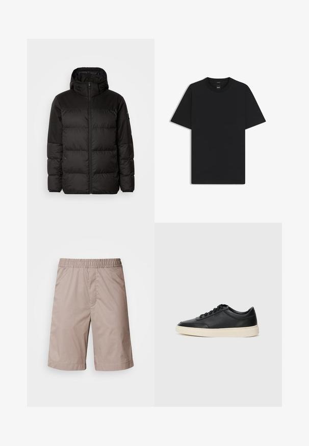 Black puffer jacket features a zip closure, a hood, quilted sections, and elastic cuffs, made from a smooth, water-resistant material.; Black short-sleeve T-shirt made from a smooth cotton blend, featuring a crew neckline and a minimalistic design with no patterns or accents.; Beige shorts with an elastic waistband, smooth texture, knee-length cut, and no visible patterns or hardware details.; Black low-top leather sneaker with black laces and off-white sole shown in side profile on white background.