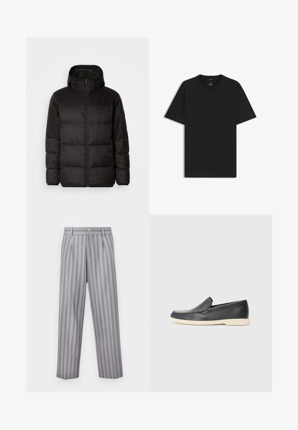 Musta puhvijakku sisältää vetoketjun, hupun, tilkuista koostuvia osioita ja joustavat hihansuut. Se on valmistettu sileästä, vedenpitävästä materiaalista.; Musta lyhythiha T-paita, joka on valmistettu sileästä puuvillasekoitteesta. Paita on varustettu pyöreällä pääntiehen ja siinä on minimaalinen muotoilu ilman kuvioita tai yksityiskohtia.; Harmaaraidoitetut housut räätälöidyllä muotoilulla, joissa on napitus, laskokset ja suora lahje. Kankaan pinta on sileä.; Mustat nahkakengät ilman nauhoja, joissa on teksturoitu pinta ja kontrastoiva beige kumipohja. Kengissä on hillitty yksityiskohta etuosassa.