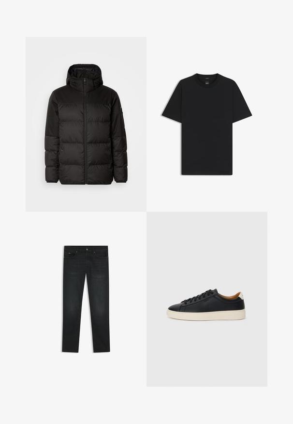 Svart puffjacka med blixtlås, huva, quiltade sektioner och elastiska mudd, tillverkad av ett slätt, vattentåligt material.; Svart kortärmad T-shirt i en mjuk bomullsblandning, med rundad halsringning och en minimalistisk design utan mönster eller detaljer.; Svarta denimjeans med rak passform, med en klassisk femficksdesign, dragkedja i gylfen och subtila sömnadsdetaljer.; Svarta lädersneakers med en slät yta, beige gummisula, snörning och en kontrasterande hälackcent.