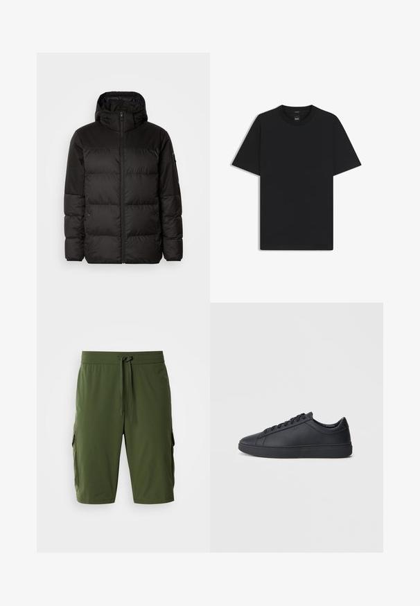 Czarna kurtka puchowa z zapięciem na zamek, kapturem, pikowanymi sekcjami i elastycznymi mankietami, wykonana z gładkiego, wodoodpornego materiału.; Czarny t-shirt krótki rękaw wykonany z gładkiej mieszanki bawełny, z okrągłym dekoltem i minimalistycznym designem bez wzorów czy akcentów.; Olivine zielone szorty cargo z elastycznym pasem, regulowanym sznurkiem i kieszeniami bocznymi do przechowywania. Gładka tkanina, długość do kolan.; Czarne trampki wykonane z gładkiej skóry, w niskim kroju, z okrągłym noskiem i płaską gumową podeszwą. Posiadają sznurówki oraz dyskretną markę.