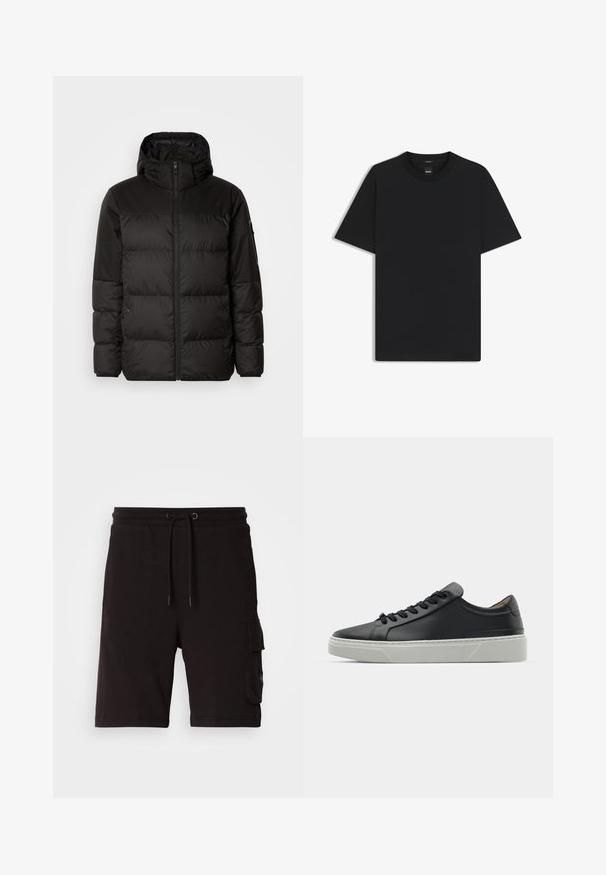 Black puffer jacket features a zip closure, a hood, quilted sections, and elastic cuffs, made from a smooth, water-resistant material.; Black short-sleeve T-shirt made from a smooth cotton blend, featuring a crew neckline and a minimalistic design with no patterns or accents.; Black cotton cargo shorts featuring an adjustable drawstring waistband, side pockets, and a relaxed fit design.; Black leather sneaker with a smooth texture, round toe, and black laces. Features a thick, white rubber sole with subtle geometric accents.