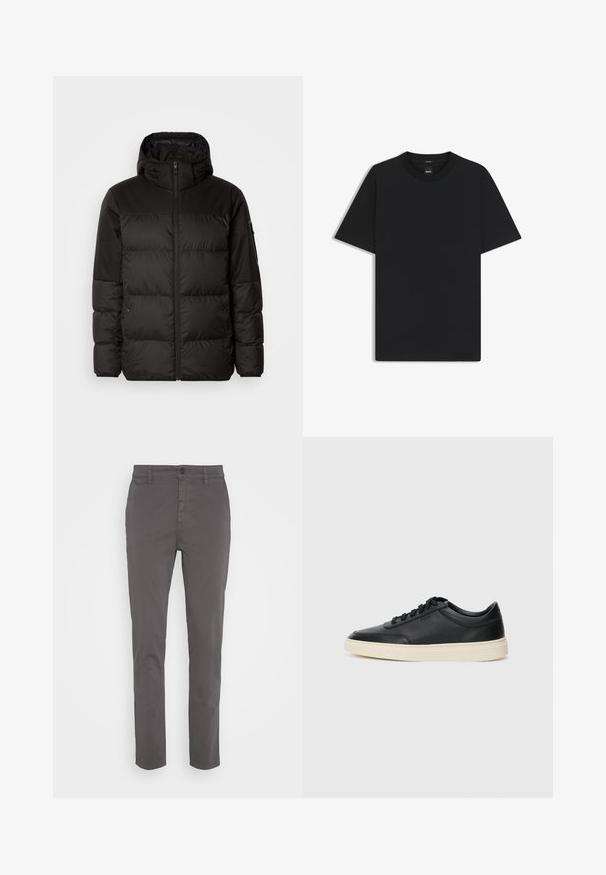 Schwarze Pufferjacke mit Reißverschluss, Kapuze, gesteppten Abschnitten und elastischen Bündchen, hergestellt aus einem glatten, wasserabweisenden Material.; Schwarz T-Shirt mit kurzen Ärmeln aus einem glatten Baumwollmix, mit Rundhalsausschnitt und einem minimalistischen Design ohne Muster oder Akzente.; Grau Chinos mit schlanker Passform, hergestellt aus atmungsaktiver Baumwolle. Verfügt über einen Knopfverschluss und Seitentaschen, mit einer glatten, matten Oberflächenbeschaffenheit.; Schwarzer niedriger Ledersneaker mit schwarzen Schnürsenkeln und cremefarbenem Sohlenrand, seitlich auf weißem Hintergrund dargestellt.
