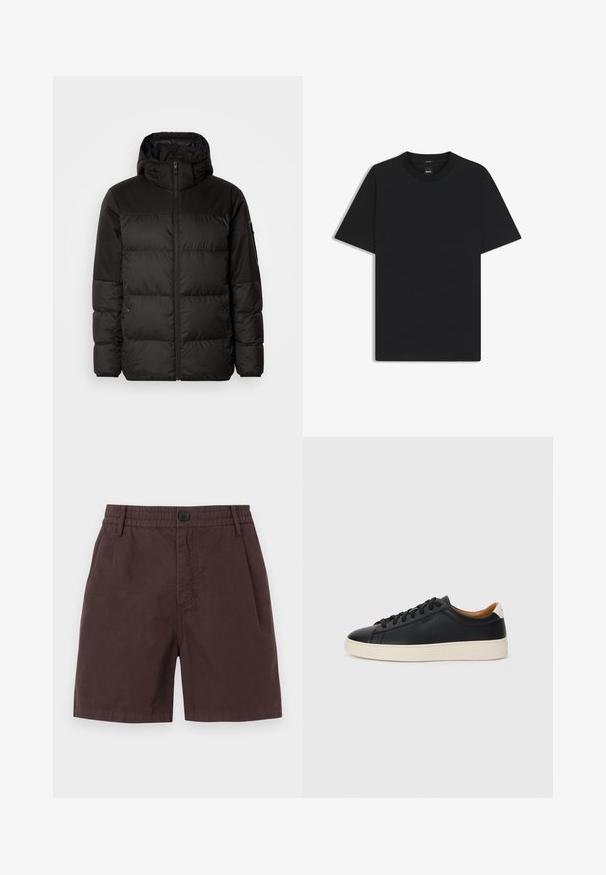 Il giubbotto puffo nero presenta una chiusura con zip, un cappuccio, sezioni trapuntate e polsini elastici, realizzato in un materiale liscio e resistente all'acqua.; Maglietta nera a maniche corte realizzata in un morbido misto cotone, con scollatura a girocollo e un design minimalista senza motivi o dettagli.; Pantaloni corti marroni in cotone con vita elastica e chiusura con un solo bottone. Presentano tasche laterali e una consistenza liscia.; Sneakers in pelle nera con una texture liscia, suola in gomma beige, design con lacci e un accento del tacco in contrasto.