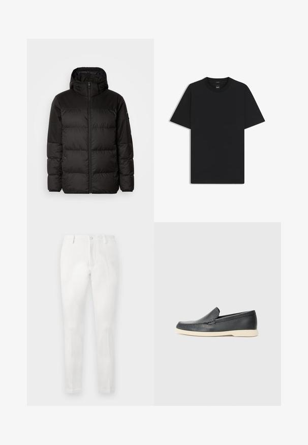 Zwarte pufferjas met ritsluiting, een capuchon, gequiltte secties en elastische manchetten, gemaakt van een glad, waterafstotend materiaal.; Zwarte korte mouwen T-shirt van een gladde katoenmix, met een ronde halslijn en een minimalistisch ontwerp zonder patronen of accenten.; Witte broek met een getailleerde pasvorm, voorzien van een gladde voorkant, twee zijzakken en een enkele achterzak. Gemaakt van een soepele stof.; Zwarte leren instappers met een gestructureerde afwerking en een contrasterende beige rubberen zool. Beschikt over een subtiele accent langs de voorkant.