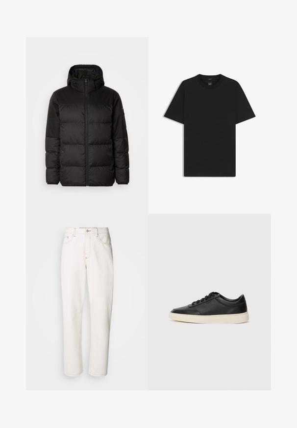 Il giubbotto puffo nero presenta una chiusura con zip, un cappuccio, sezioni trapuntate e polsini elastici, realizzato in un materiale liscio e resistente all'acqua.; Maglietta nera a maniche corte realizzata in un morbido misto cotone, con scollatura a girocollo e un design minimalista senza motivi o dettagli.; Jeans in denim bianco con un design a gamba dritta, caratterizzati da cuciture decorative, chiusura con bottone metallico e classica costruzione a cinque tasche.; Sneaker in pelle nera a basso profilo con lacci neri e suola avorio, mostrato di profilo su sfondo bianco.