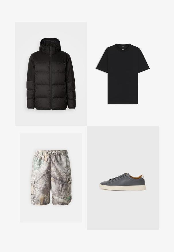 Schwarze Pufferjacke mit Reißverschluss, Kapuze, gesteppten Abschnitten und elastischen Bündchen, hergestellt aus einem glatten, wasserabweisenden Material.; Schwarz T-Shirt mit kurzen Ärmeln aus einem glatten Baumwollmix, mit Rundhalsausschnitt und einem minimalistischen Design ohne Muster oder Akzente.; Tarn cargo-Shorts aus leichtem Material, mit verstellbarem Kordelzugbund, seitlichen Taschen und einer Mischung aus Erdtönen und Mustern.; Graue Lederturnschuhe mit runder Zehenpartie, Gummisohle, flachen Schnürsenkeln und hellen Akzenten an der Ferse. Glatte Textur und minimalistisches Design.