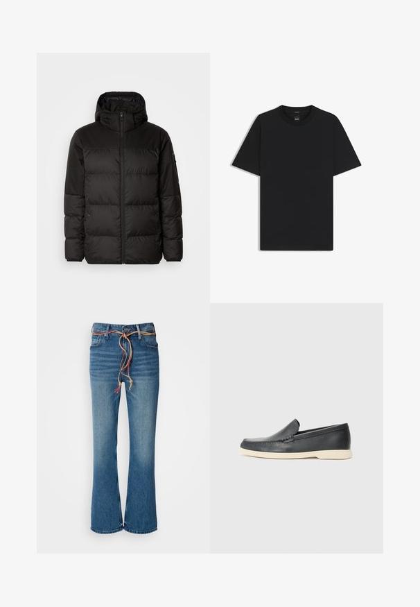 Zwarte pufferjas met ritsluiting, een capuchon, gequiltte secties en elastische manchetten, gemaakt van een glad, waterafstotend materiaal.; Zwarte korte mouwen T-shirt van een gladde katoenmix, met een ronde halslijn en een minimalistisch ontwerp zonder patronen of accenten.; Blauwe denim flared jeans met een hoge taille, voorzien van een verwijderbare beige stropdas en subtiele vervaging op de dijen. Schoon afgewerkte zoom.; Zwarte leren instappers met een gestructureerde afwerking en een contrasterende beige rubberen zool. Beschikt over een subtiele accent langs de voorkant.