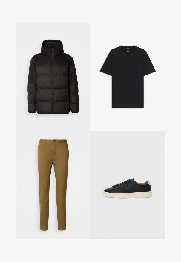 Zwarte pufferjas met ritsluiting, een capuchon, gequiltte secties en elastische manchetten, gemaakt van een glad, waterafstotend materiaal.; Zwarte korte mouwen T-shirt van een gladde katoenmix, met een ronde halslijn en een minimalistisch ontwerp zonder patronen of accenten.; Bruine katoenen broeken met een rechte pasvorm, voorzien van een knoopsluiting en riemlussen, gladde textuur en zonder zichtbare patronen of accenten.; Zwarte leren sneakers met een gladde textuur, beige rubberen zool, vetersluiting en een contrasterende hielaccent.